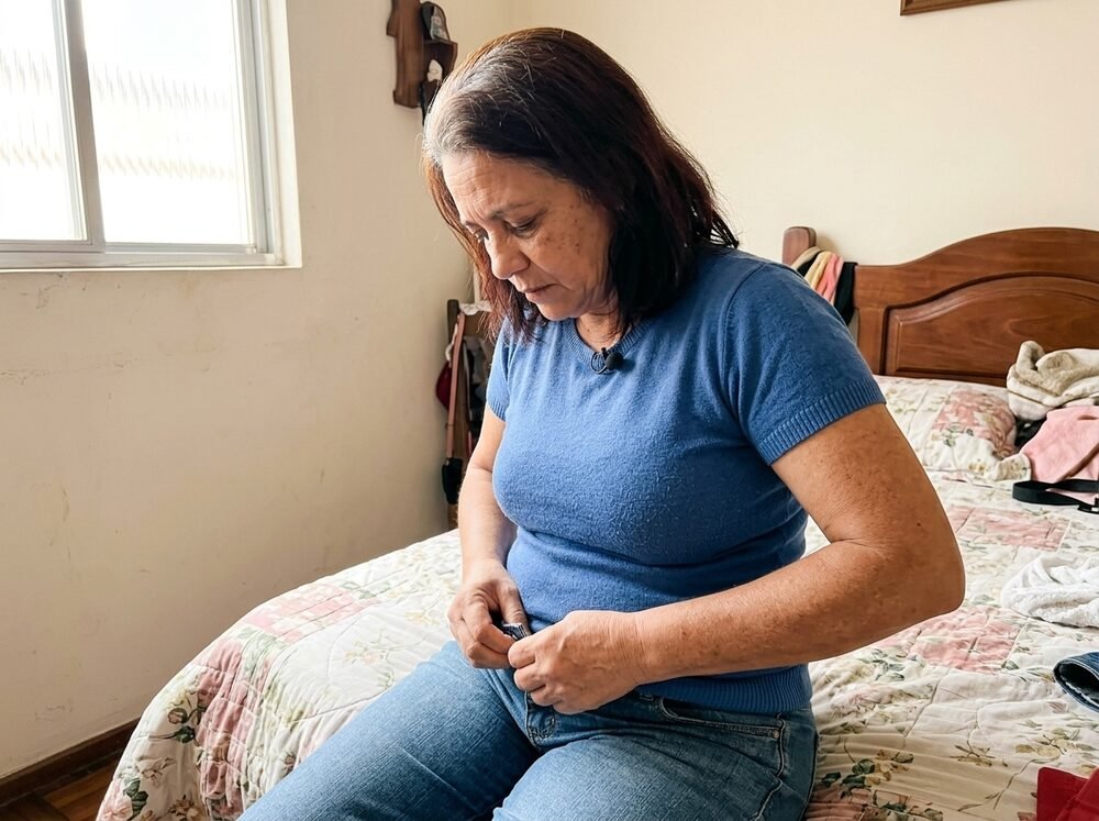 Mulher tentando fechar a calça jeans que não serve mais